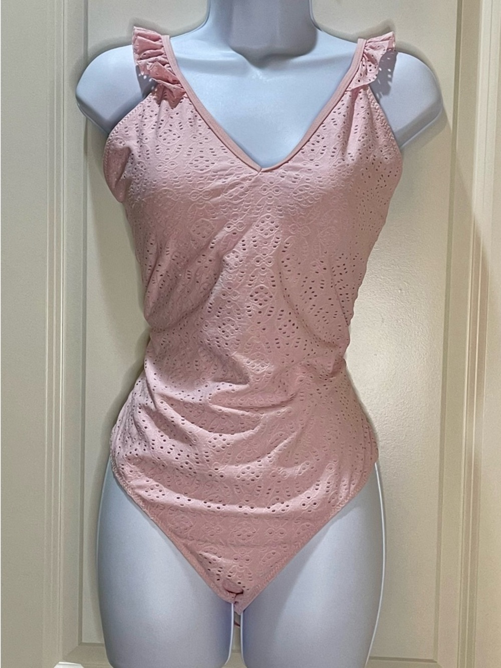 Light Pink Eyelet One-Piece Swimsuit with Ruffled Straps Size L